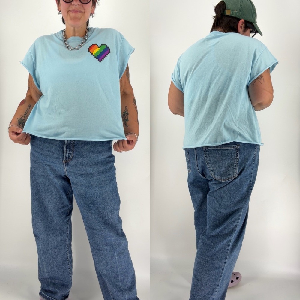 LGBTQ+ shirt 2XL plus size boxy cropped tee rainbow heart minecraft style edgy